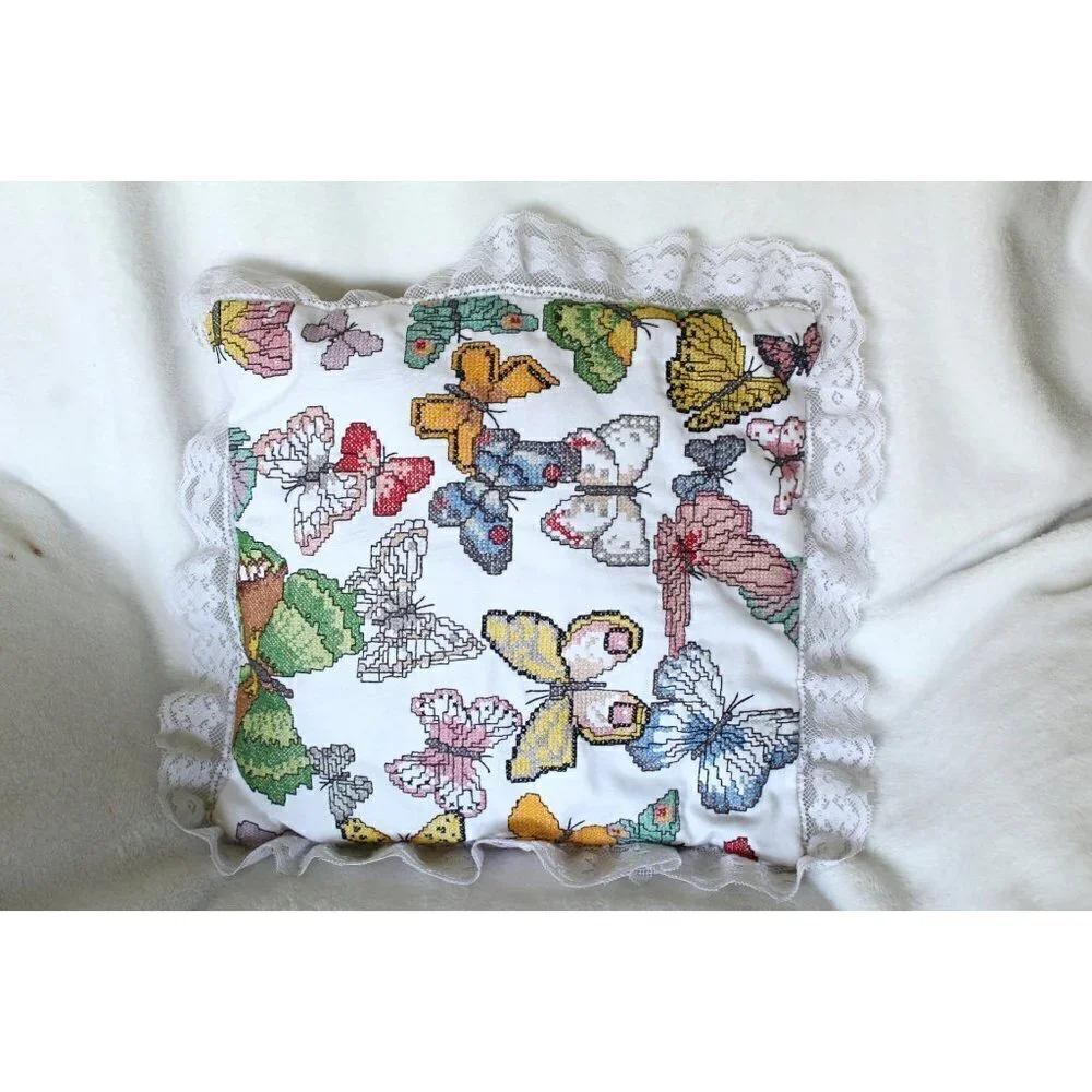 Handmade Butterflies Needlepoint Pillow cross stitch Multicolor Lace edges